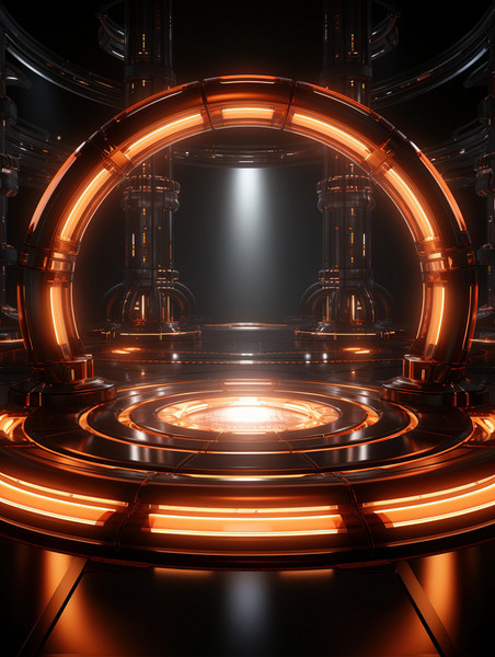 创意橙色圆形矩形发光电商背景科幻通道高科技黑金色背景