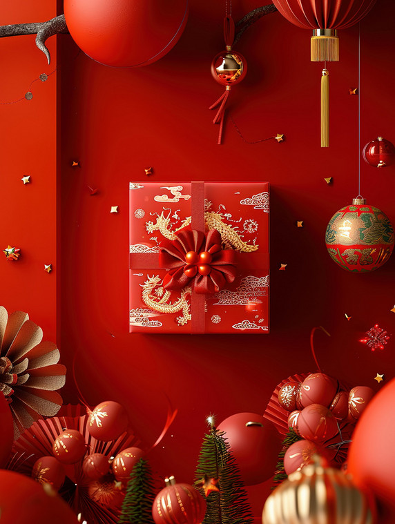 创意新年礼盒包装新年春节大促背景图片年货商品