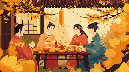 创意中国古代女子聚会聊天中国风插画17