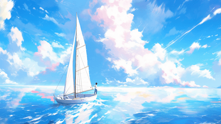 创意手绘蓝天白云下海上帆船的航海励志大海插画4