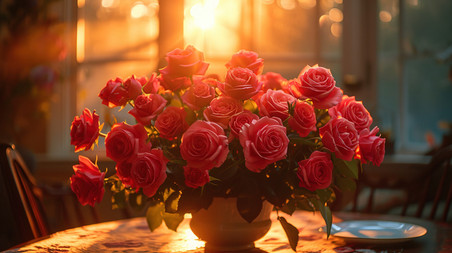 创意浪漫情人节桌子上摆满玫瑰花朵餐厅