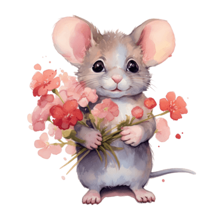 创意水彩拟人可爱卡通花朵和老鼠元素免抠图案