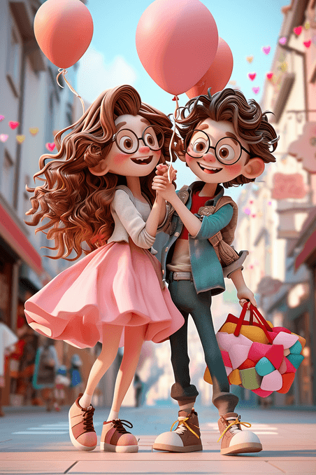 创意情侣情人节3d立体卡通插画素材儿童逛街购物