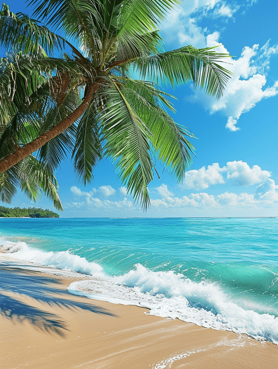 创意夏天大海沙滩与棕榈树蔚蓝海洋风景