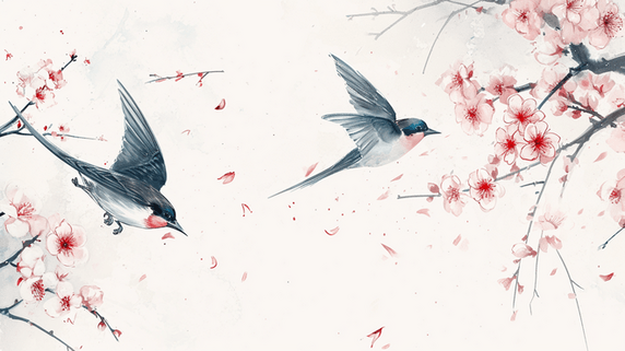 创意春天手绘桃树枝上燕子飞舞的中国风插画14
