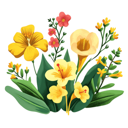 创意春天黄色喇叭花红色植物花朵免抠元素