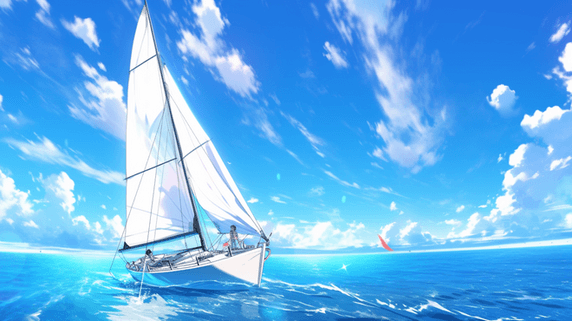 创意手绘蓝天白云下海上帆船航海励志大海的插画3