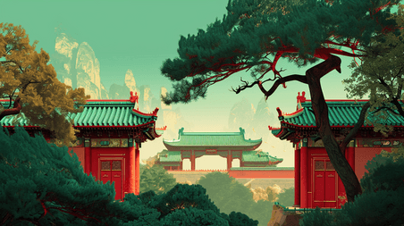 绿色复古创意中国手绘庭院建筑古风古院的插画8