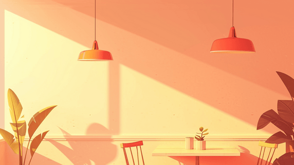 创意落日下撞色办公室扁平室内场景