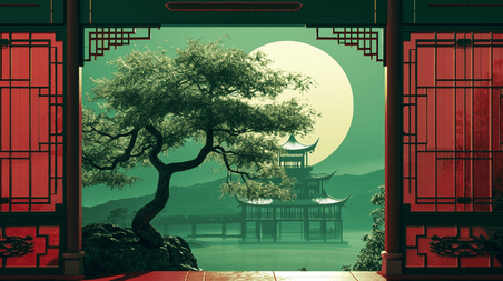 创意中国手绘绿色复古庭院建筑古风古院的插画16