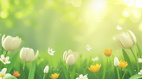 创意阳光下草坪绿地上开花的插画1