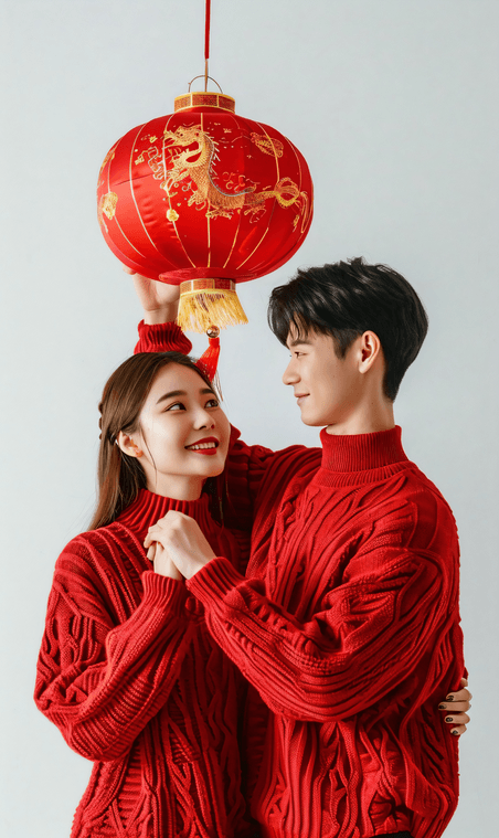 创意穿着红色毛衣的情侣红色毛衣拜年亚洲人像庆祝春节