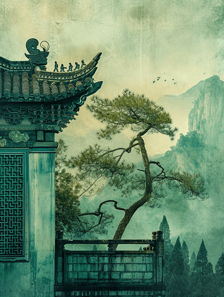 中式意境庭院创意中国风古典建筑风景插画8