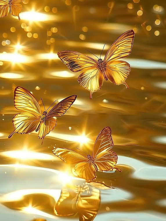 创意水面上闪闪发光金色浪漫壁纸橙色的蝴蝶插画