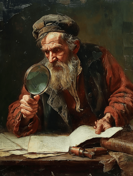 创意商务检查报告商人透过放大镜看合同复古欧洲油画古画
