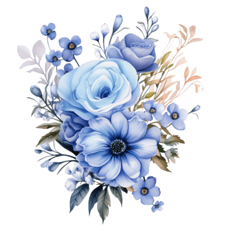创意几何蓝色花束元素春天水彩植物花朵免抠图案