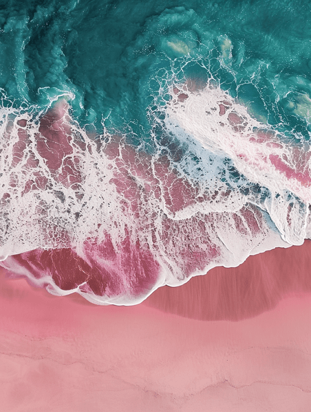 创意航拍俯视大海沙滩浪花粉色沙滩旅游