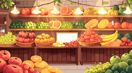 创意手绘水果店各式各样水果超市货架场景插画7