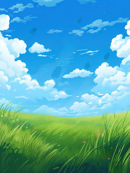 创意天空云朵葱郁的草地春天春季草坪插画设计
