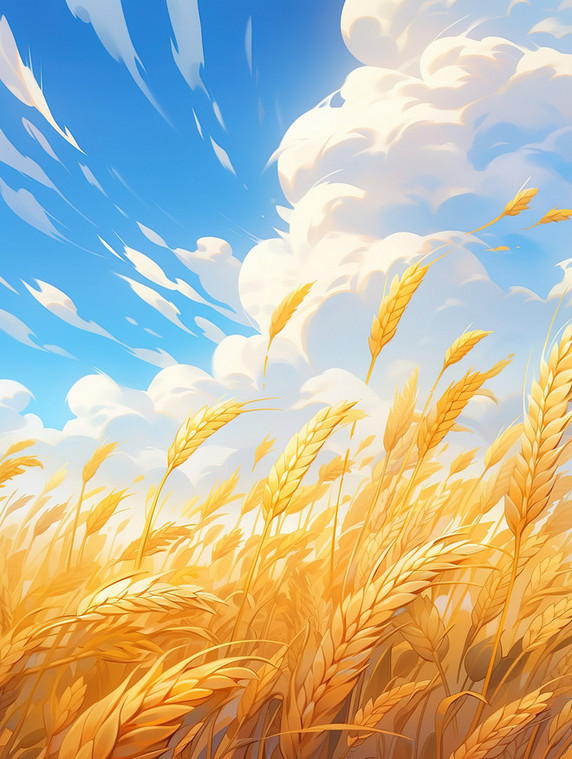 创意蓝天白云的映衬金色的麦浪麦田丰收原创插画