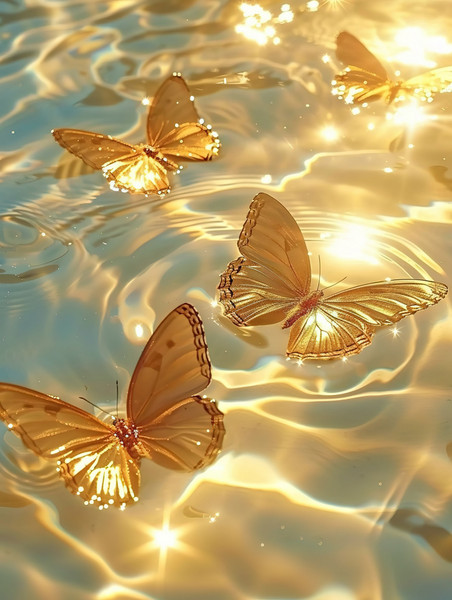 创意金色浪漫壁纸水面上闪闪发光橙色的蝴蝶素材