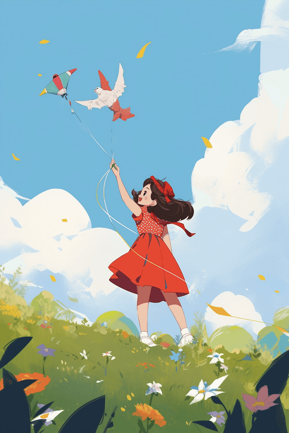 创意春天放风筝可爱女孩园游玩纸鸢插画手绘插画