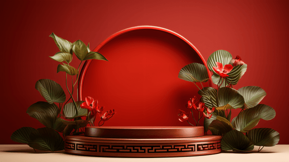 创意春节年货中式中国风红色展台电商展示场景150