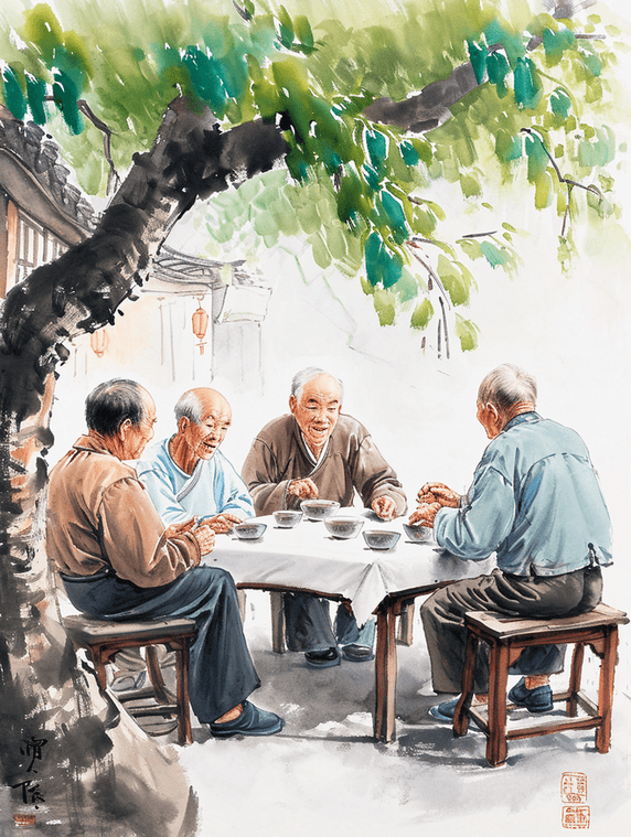 创意老年朋友欢聚喝茶聊天国画中国风退休生活