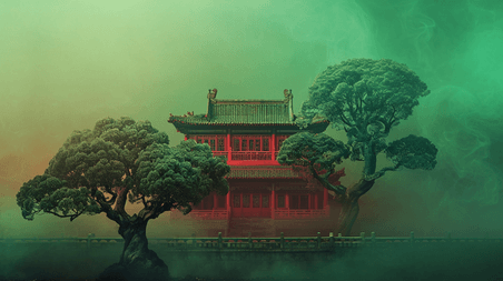 创意绿色复古中国手绘庭院建筑古风古院的插画20