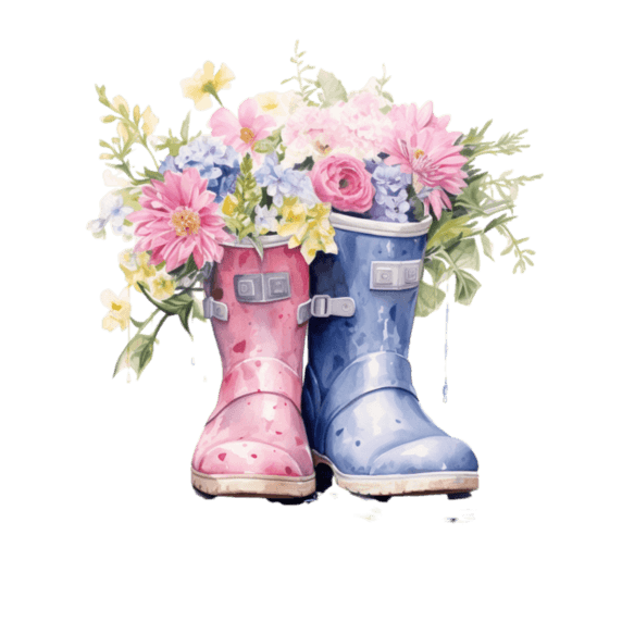 创意水彩可爱雨鞋花朵绘画艺术胶鞋元素免抠图案