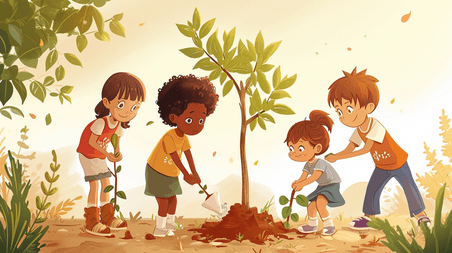 创意植树节小朋友栽树卡通环保植树种树插画11