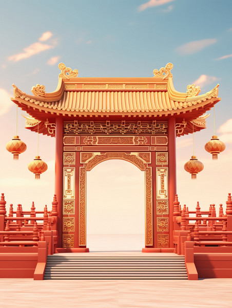 创意美丽的拱门古建筑背景国潮中国风大门春节年货节