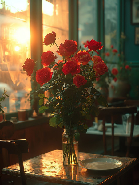 创意浪漫情人节桌子上摆满玫瑰背景