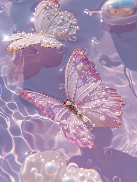 创意水池中珍珠水晶蝴蝶淡粉色紫色浪漫壁纸
