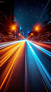 创意车流量光束光线行驶城市车灯灯光汽车夜间快速运动