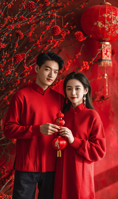 创意春节情侣摄影人像红色毛衣拜年亚洲人像