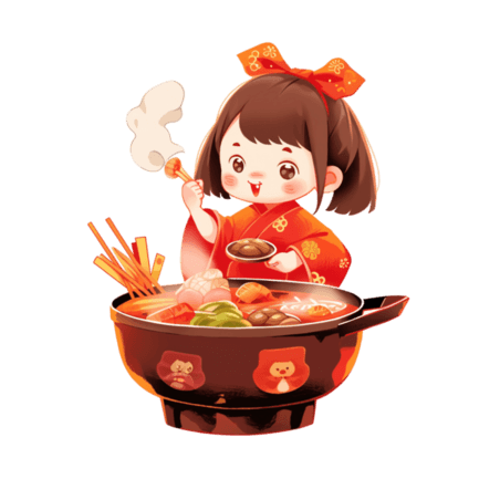 春节可爱卡通手绘小孩吃火锅吃货节美食