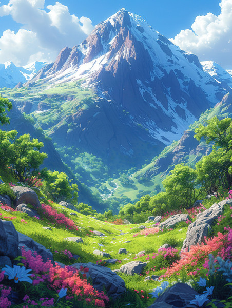 创意可爱的风景与岩石雪山溪流草地游戏场景