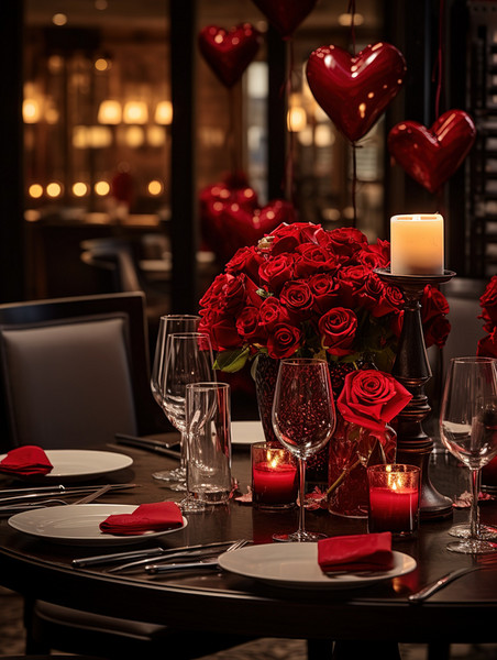创意情人节餐厅布置玫瑰花浪漫素材