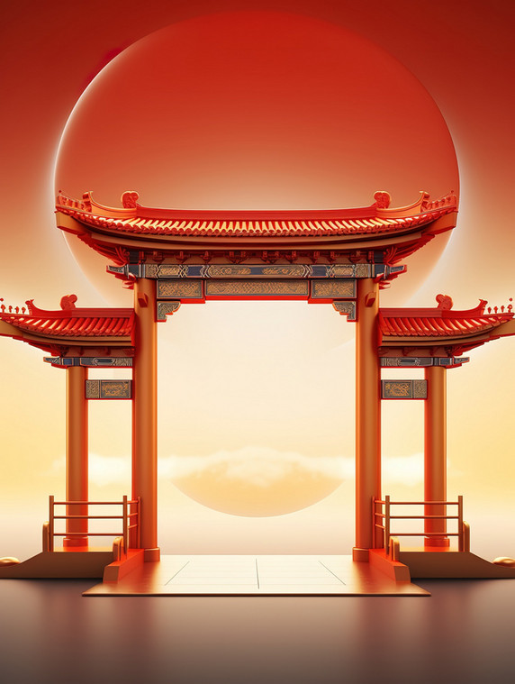 创意美丽的拱门国潮中国风大门春节年货节古建筑背景