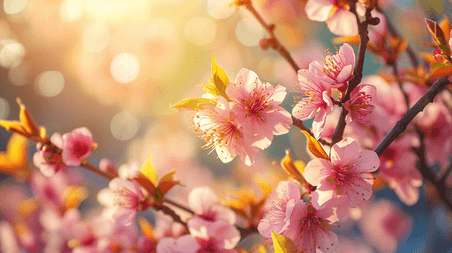 创意春天阳光下树枝枝头开花的桃花背景图12