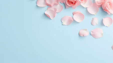 创意情人节蓝色背景上的粉色玫瑰花瓣平铺背景