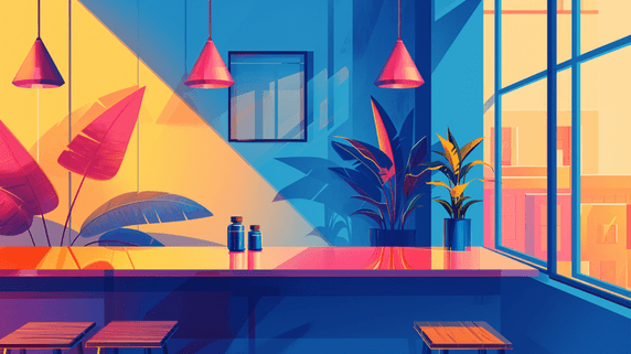 创意夕阳余晖撞色办公室扁平室内插画43