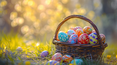 创意梦幻文艺草地上篮子的彩蛋复活节背景图片