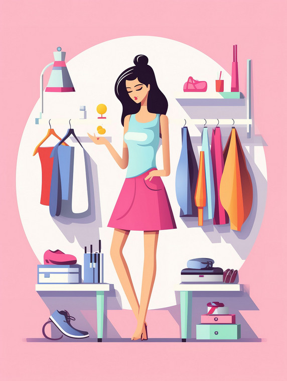 创意妇女节购物粉色扁平女性在买化妆品和衣服插画