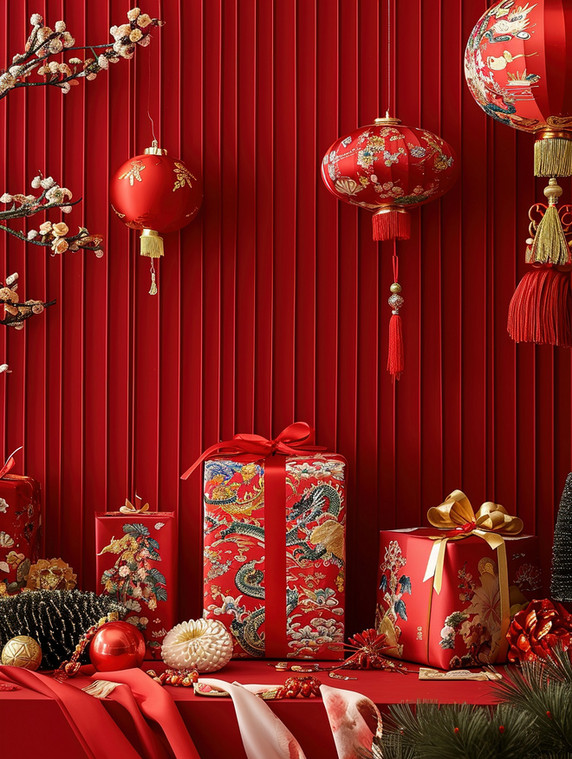 创意新年礼盒包装新年春节大促背景图片年货商品