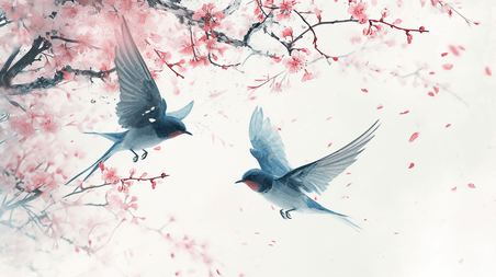 创意中国风春天手绘桃树枝上燕子飞舞的插画13