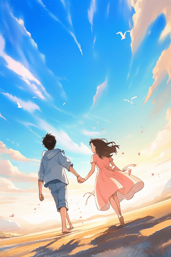 创意浪漫约会情侣散步沙滩卡通手绘情人节插画素材