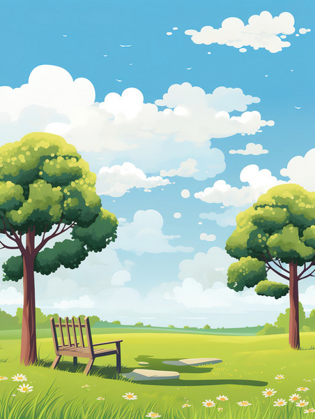 创意春天春季辽阔的草原两棵树插画素材