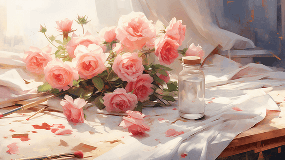 创意唯美浪漫粉色玫瑰花水彩花瓣七夕情人节插画19